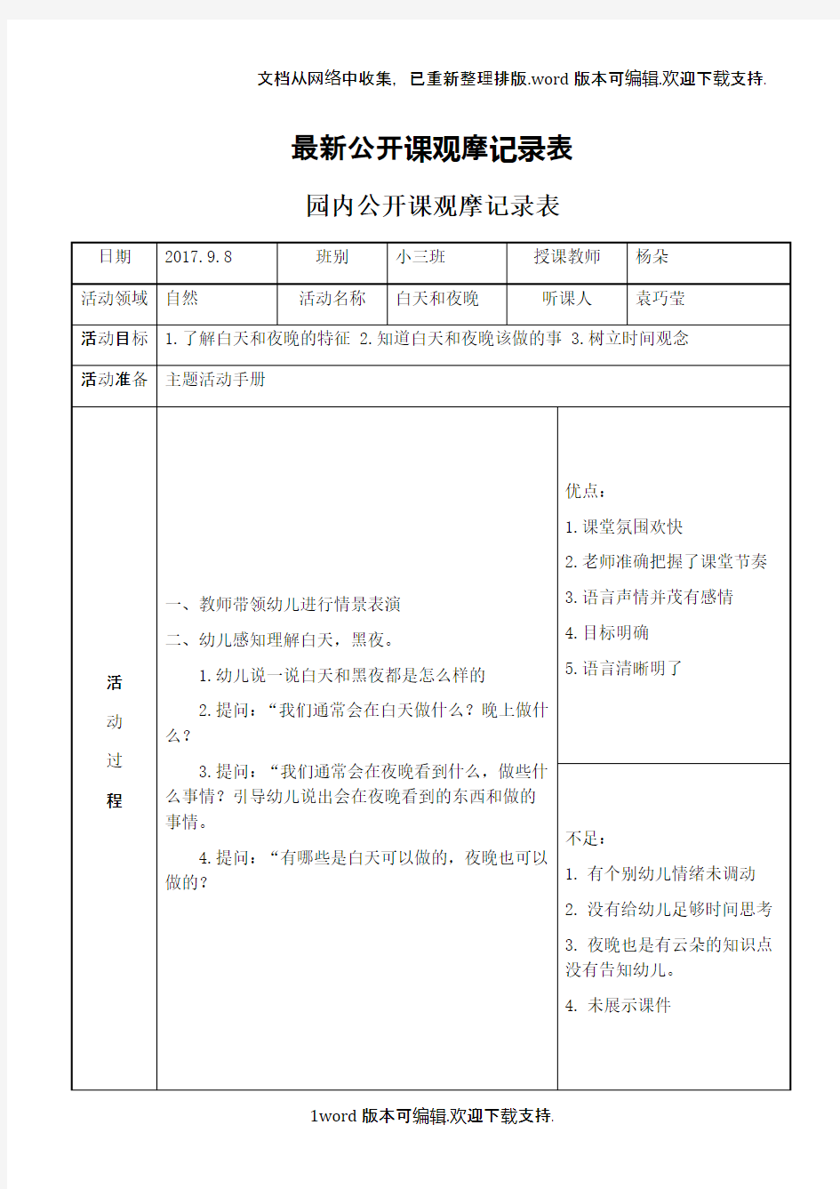 最新公开课观摩记录表