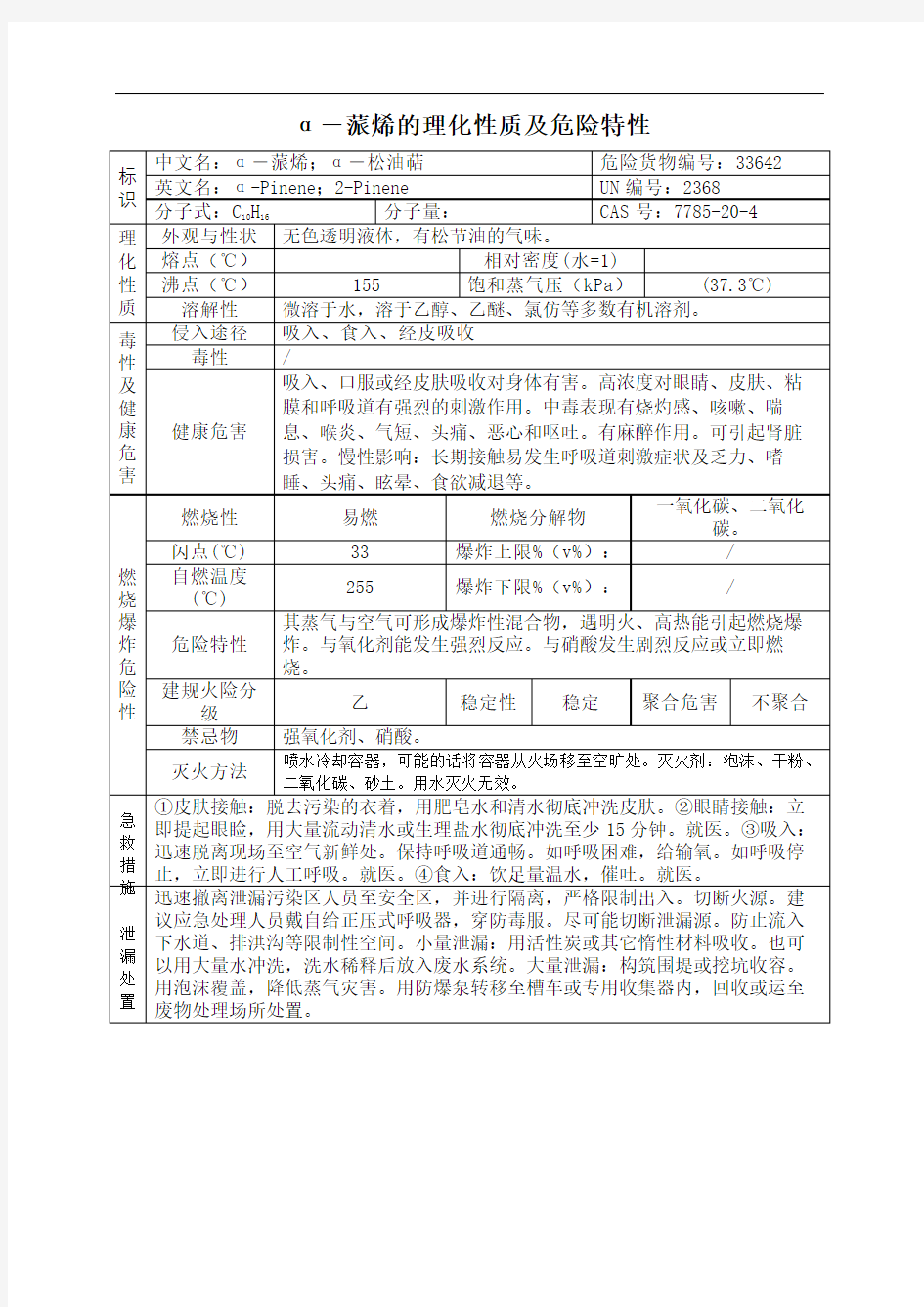 α蒎烯的理化性质及危险特性