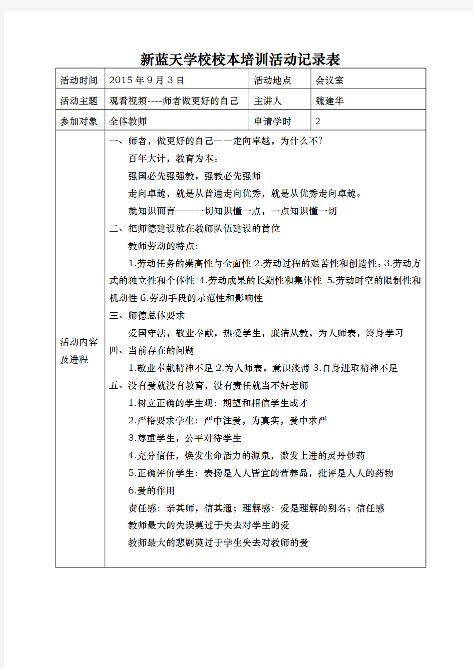 中小学学校校本培训活动记录表