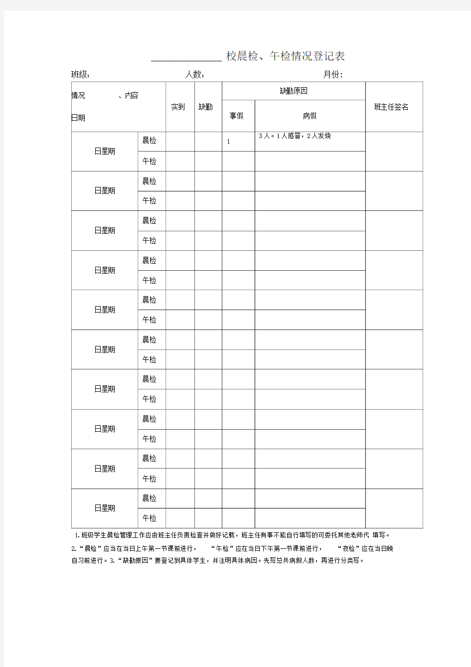 学校晨检、午检情况登记表