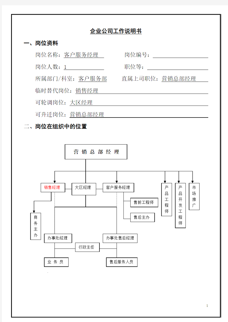 客户服务经理岗位职责说明书