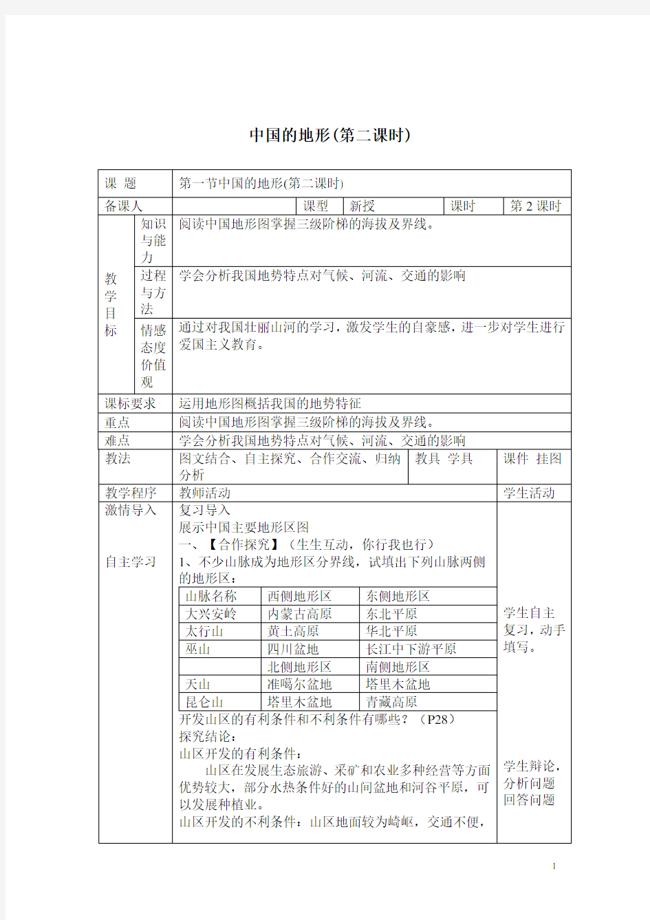 初中地理_中国的地形教学设计学情分析教材分析课后反思