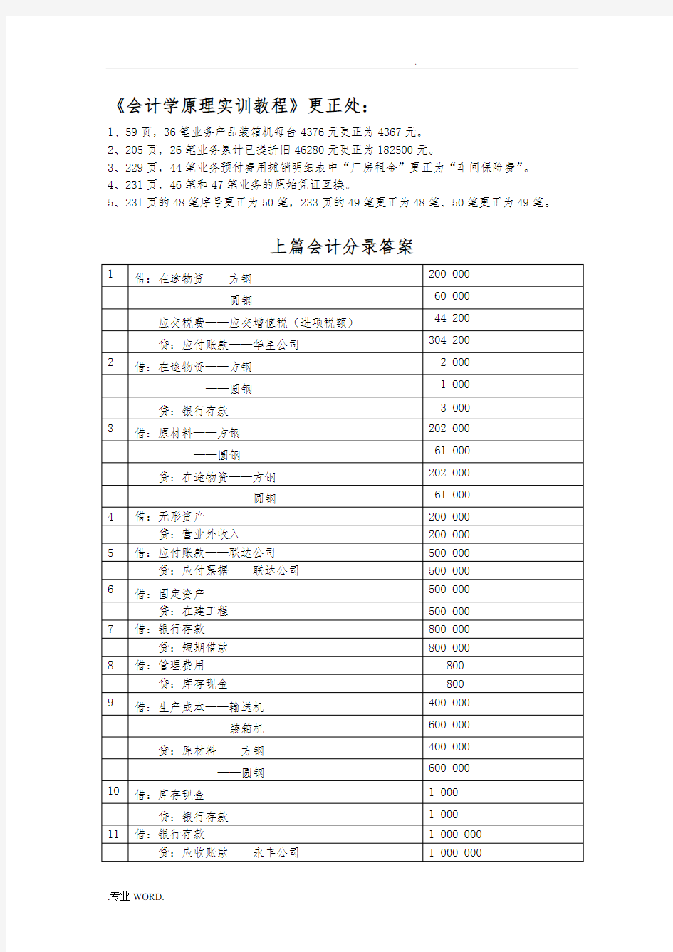 会计学原理(第2版)(陈国辉)《会计学原理实训教程》分录答案