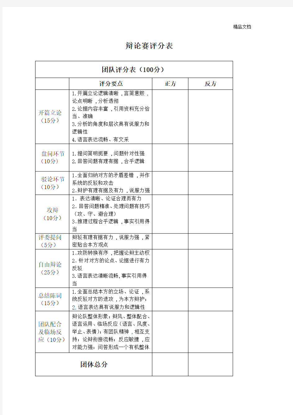 辩论赛评分表(完整版).doc