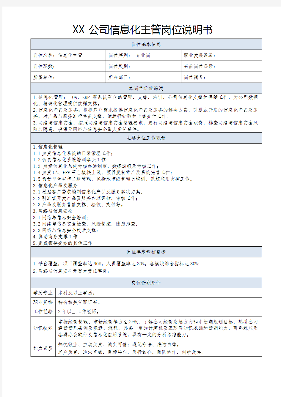 岗位说明书-信息化主管