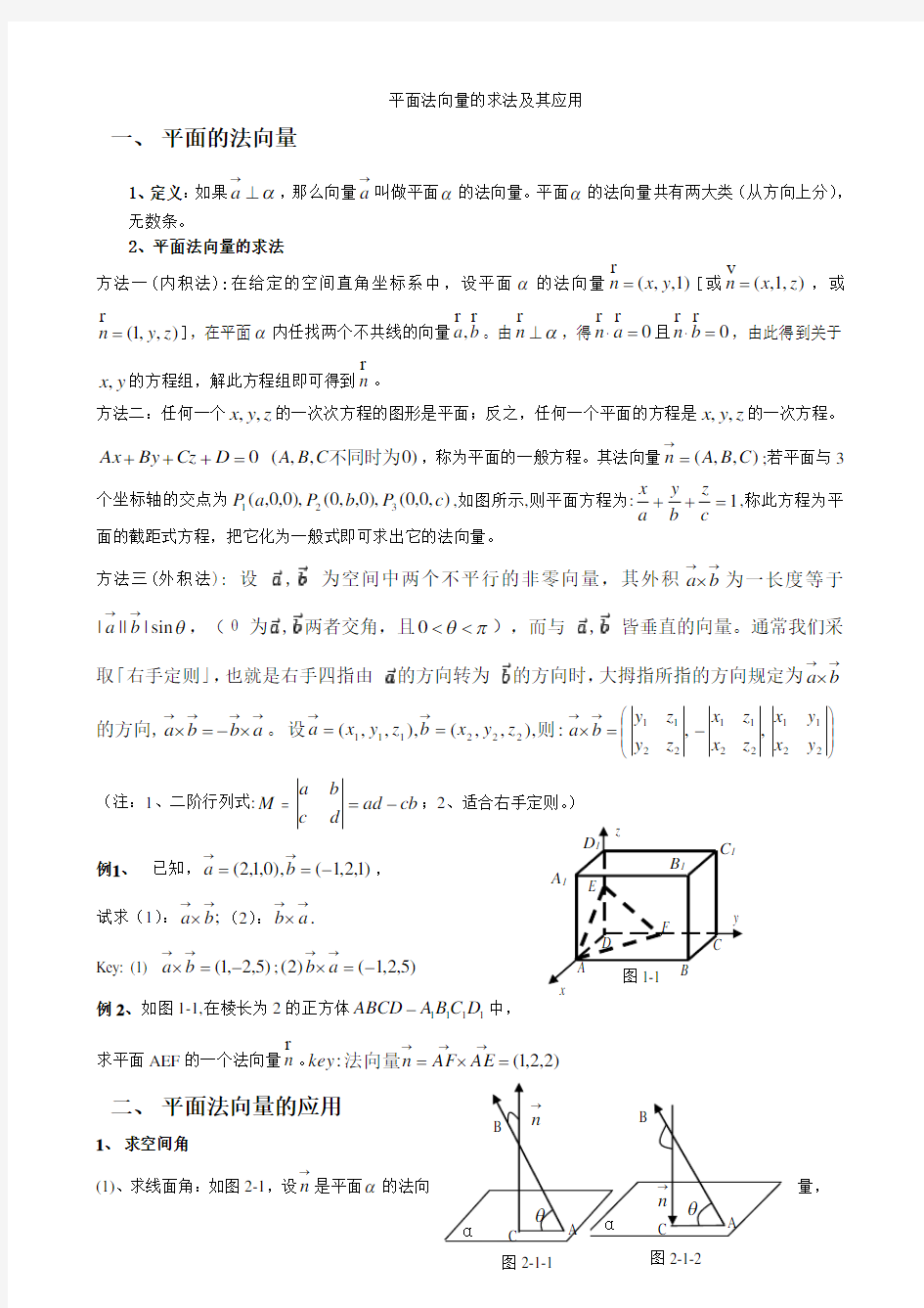 经典习题平面法向量求法及应用