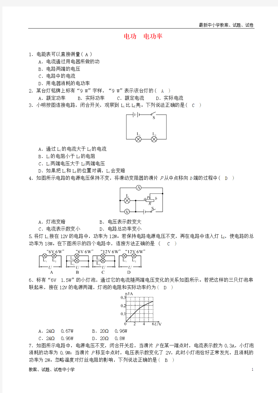 2018年中考物理 电功 电功率专题综合训练题