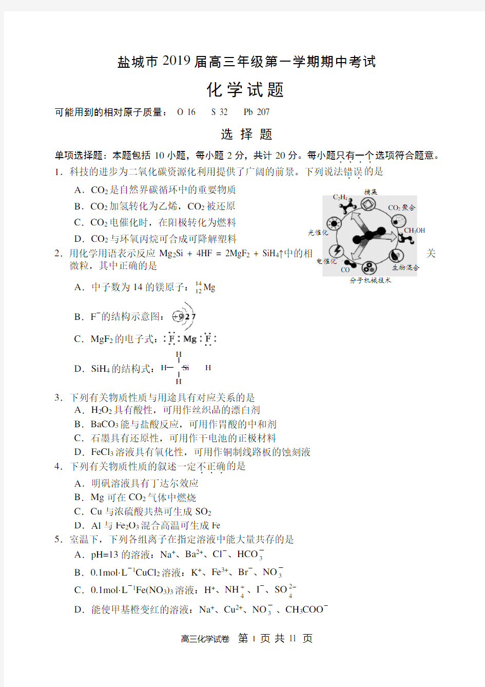 盐城市2019届高三年级第一学期期中考试化学试题含答案