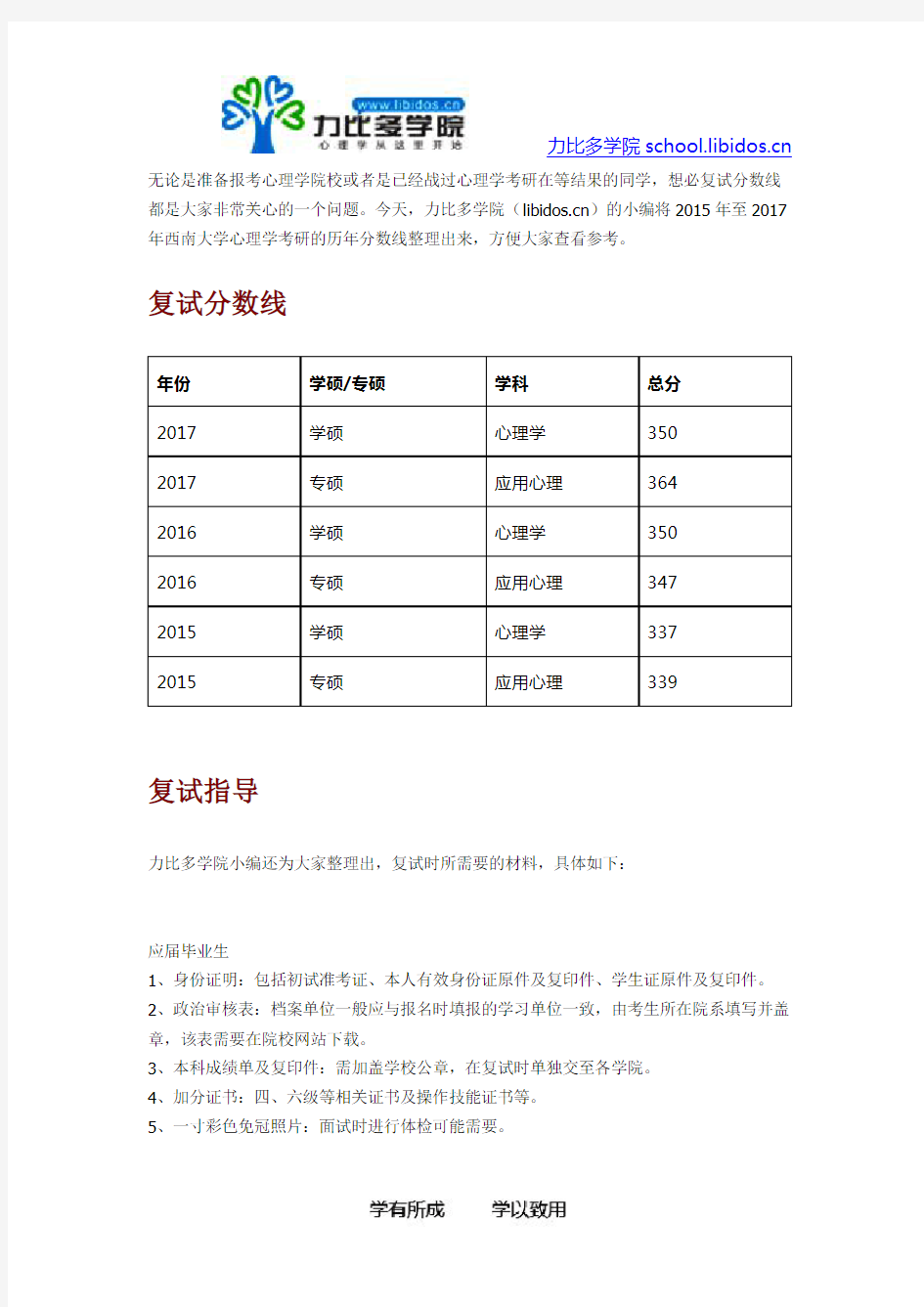 2015-2017西南大学心理学考研历年复试分数线