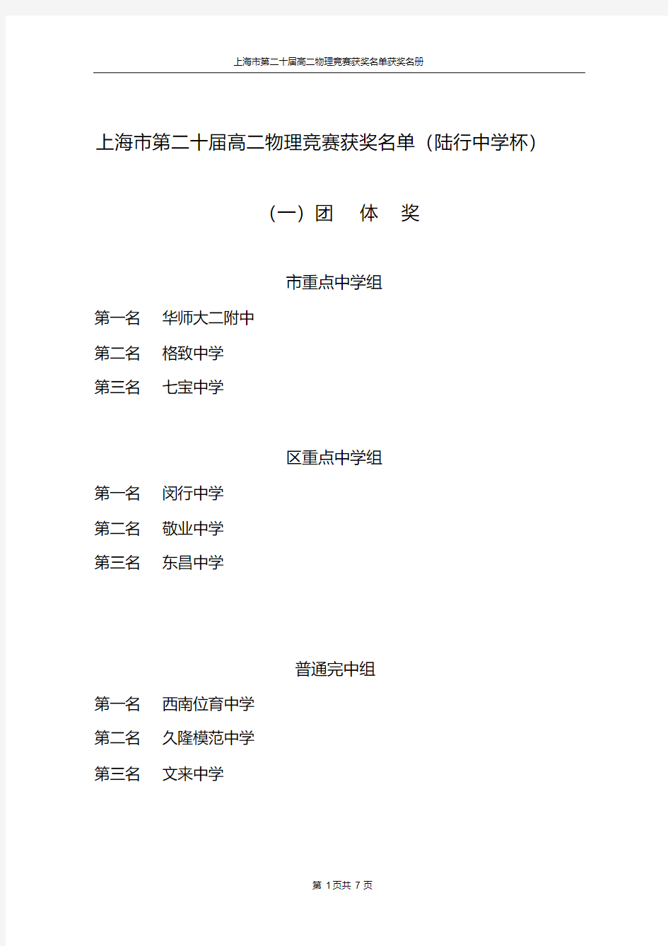 上海市第二十届高二物理竞赛获奖名单