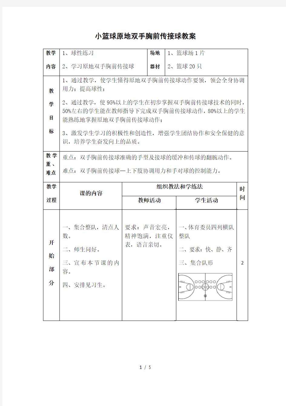 小篮球原地双手胸前传接球教案