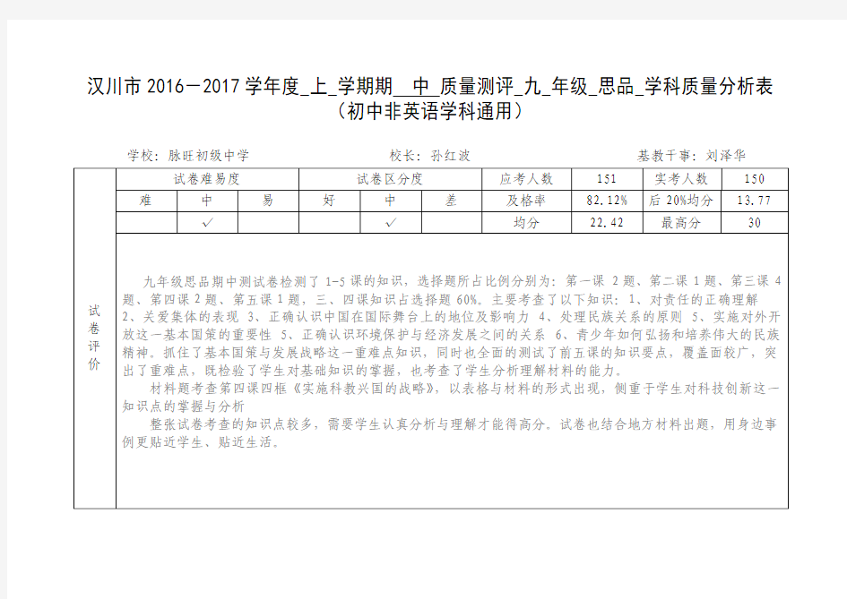 九年级期中思品质量分析表