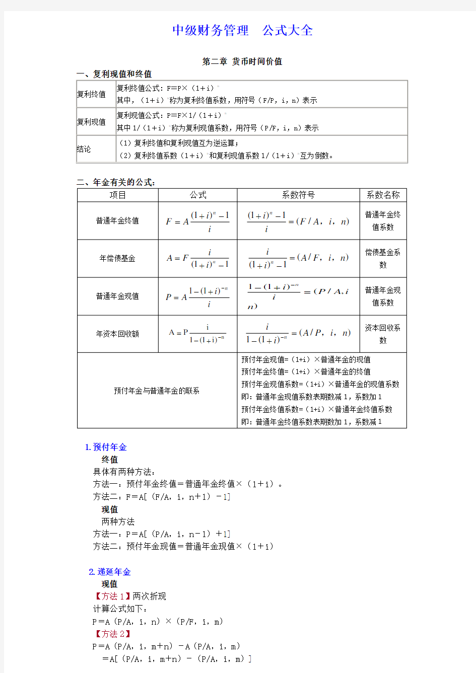 中级财务管理公式大全