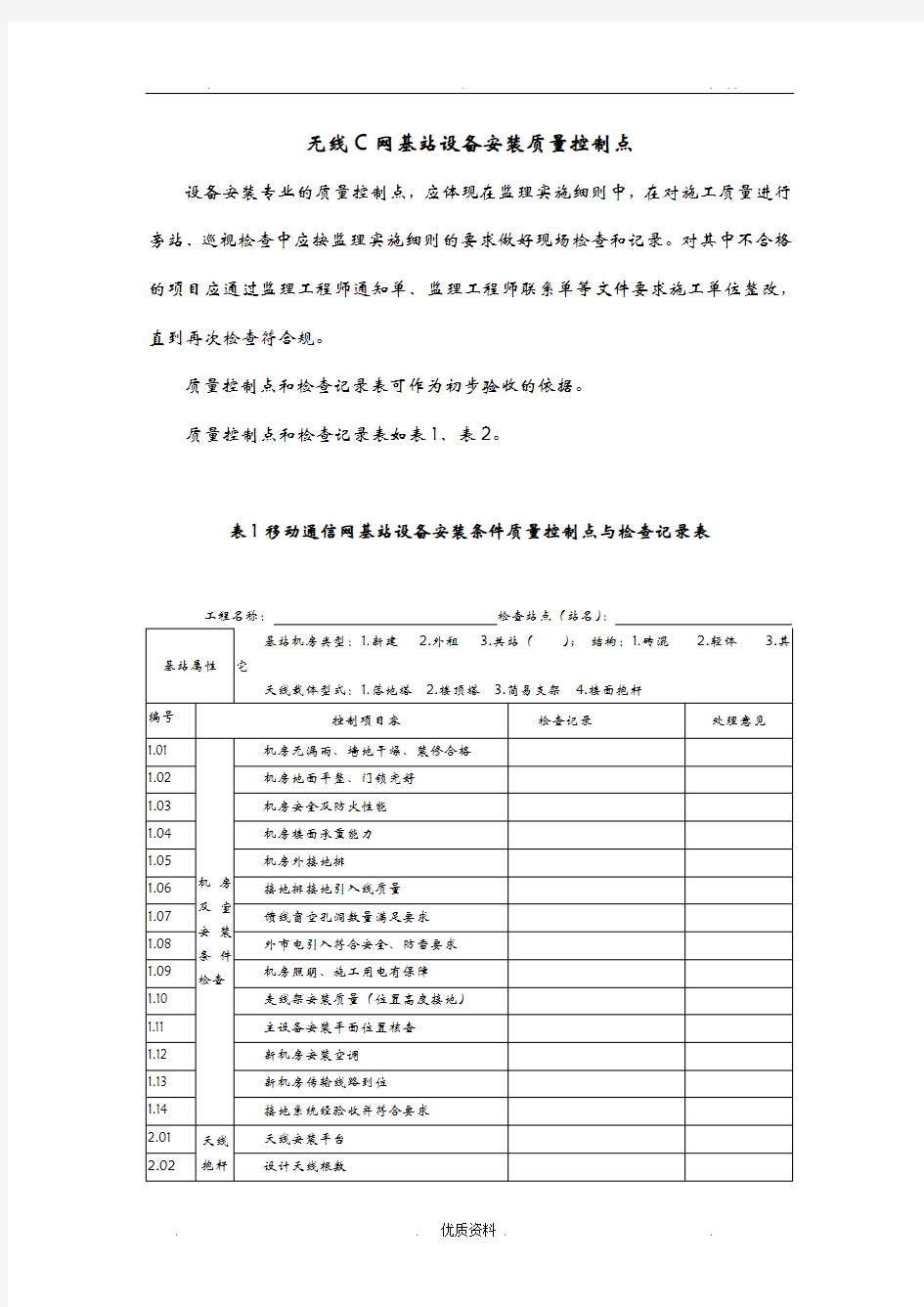 设备安装质量控制点