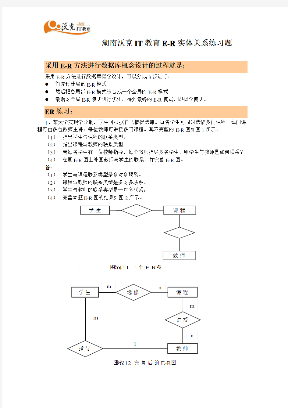 关于数据库ER建模经典例题及答案