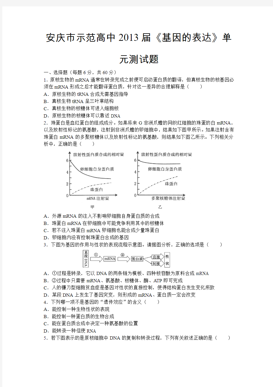 安庆市示范高中2013届《基因的表达》单元测试题