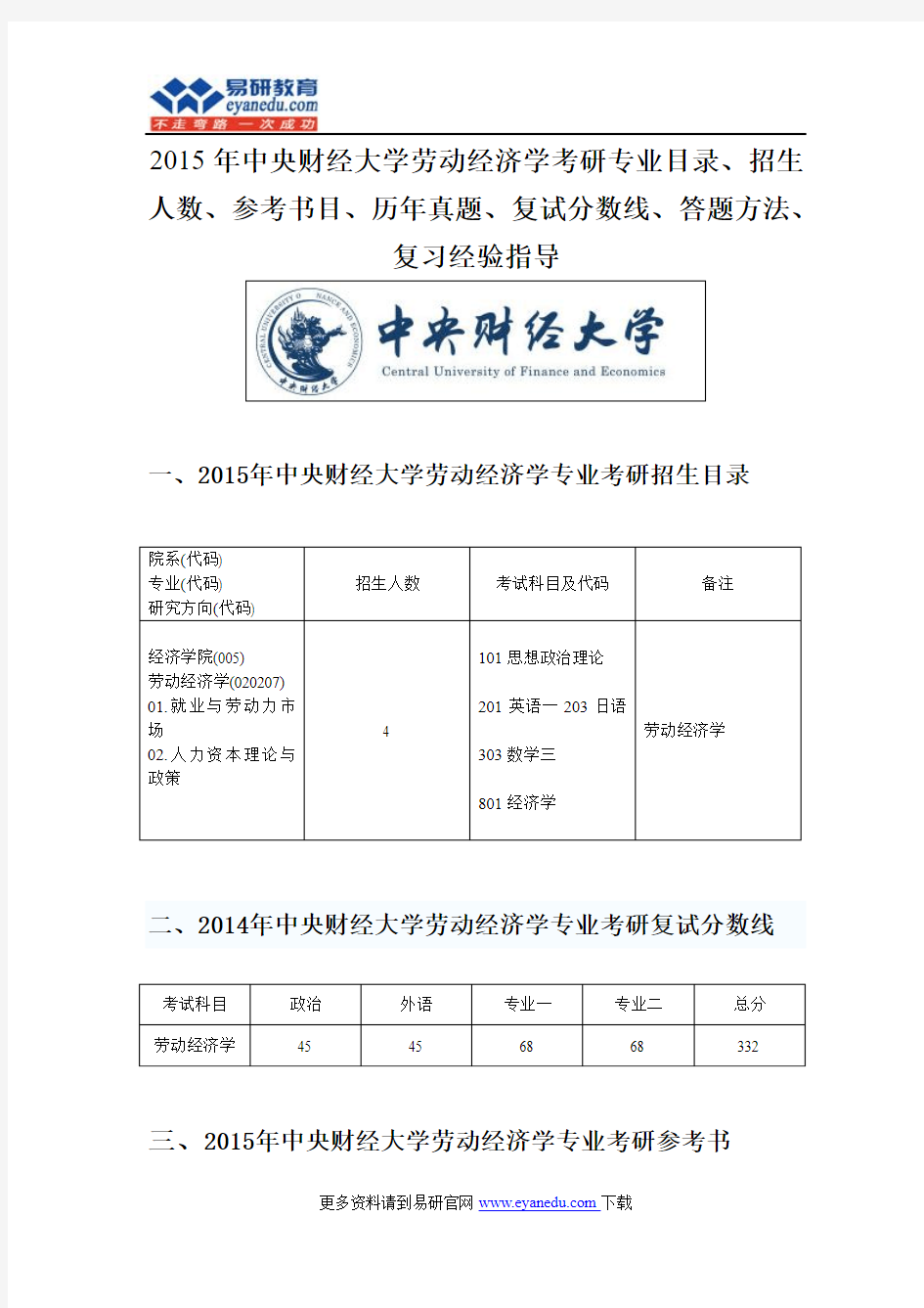 2015年中央财经大学劳动经济学考研专业目录招生人数参考书目历年真题复试分数线答题方法