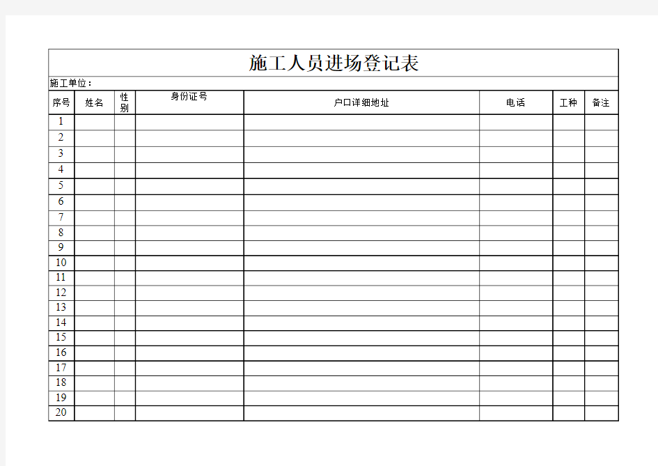 施工人员进场登记表