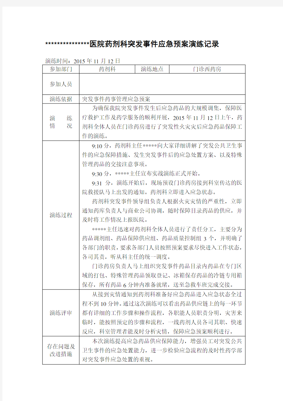 第二医院药剂科突发事件应急预案演练记录