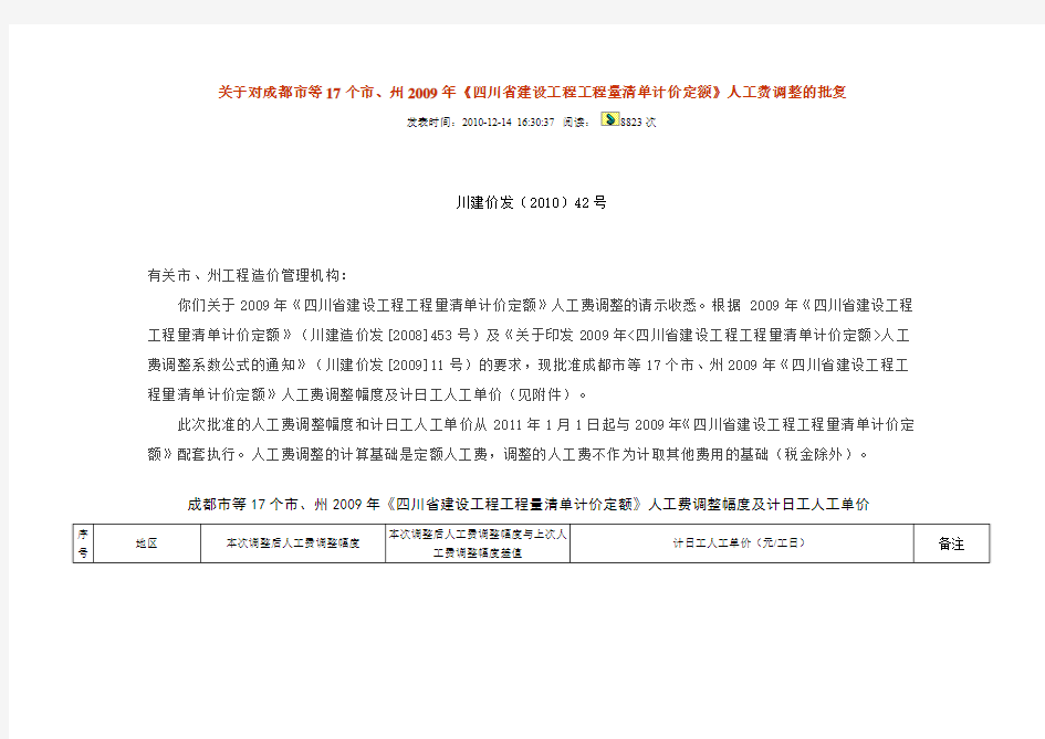 四川09定额2011年最新人工费调整文件