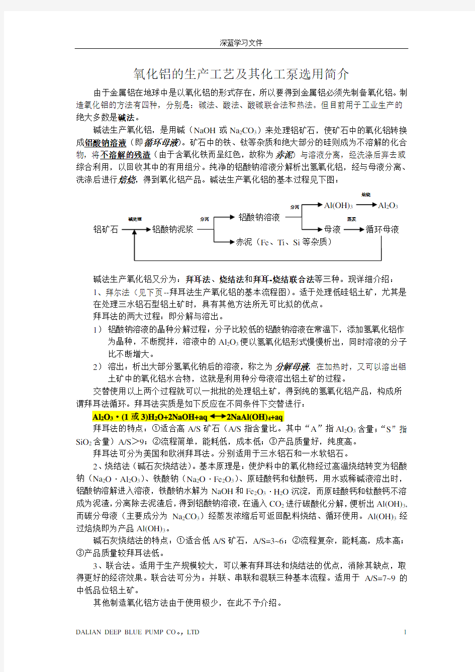 氧化铝的生产工艺及其化工泵选用简介