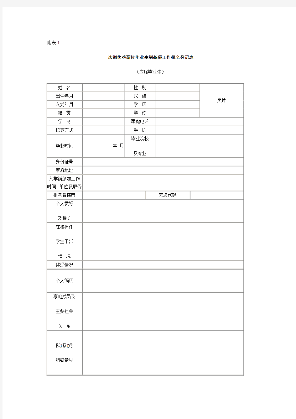 选调优秀高校毕业生到基层工作报名登记表