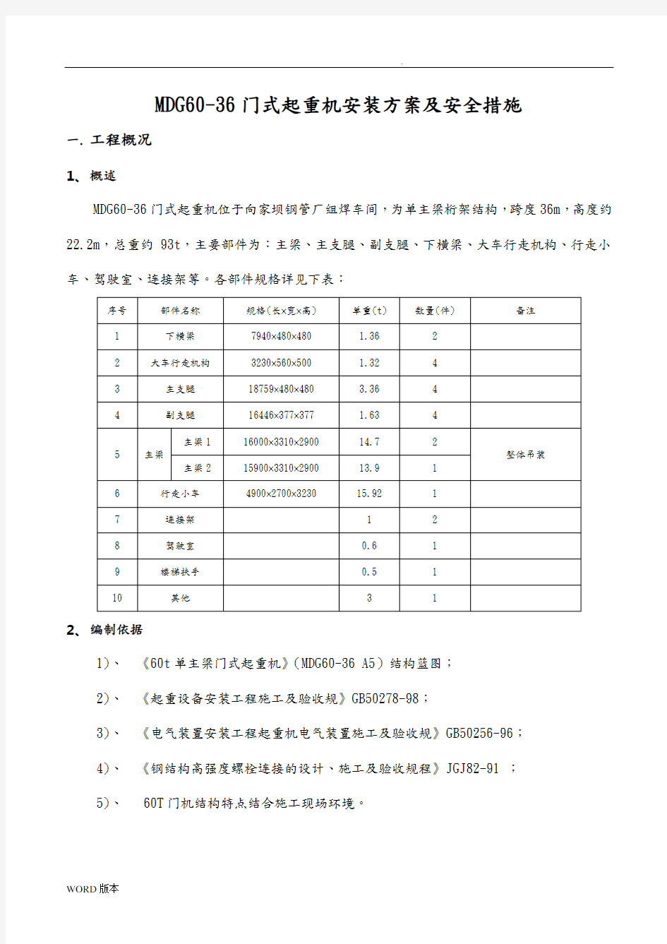 MDG60-36门式起重机安装方案及安全措施方案