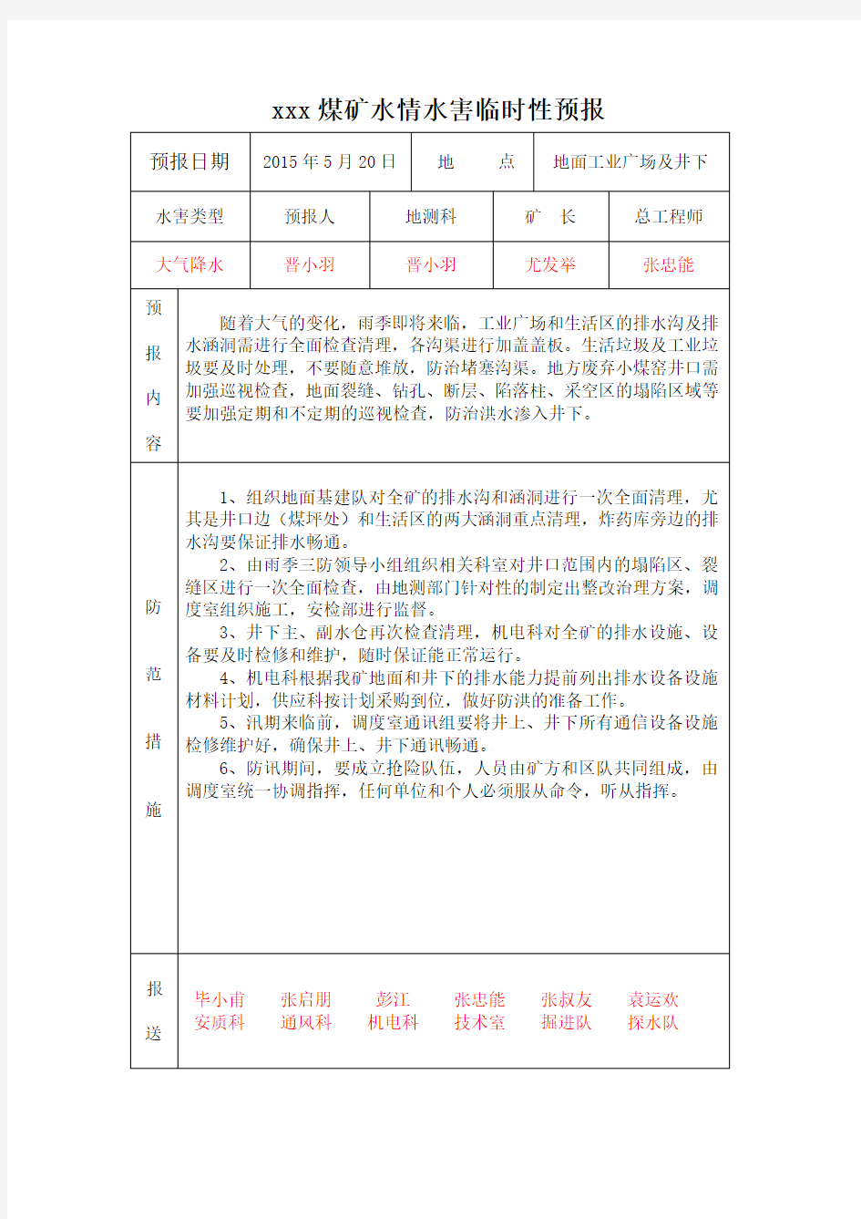 水情水害临时性预报(模板)