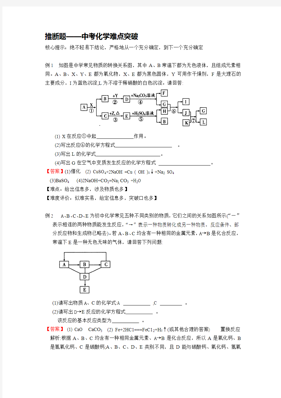 推断题 中考化学难点突破(含答案)