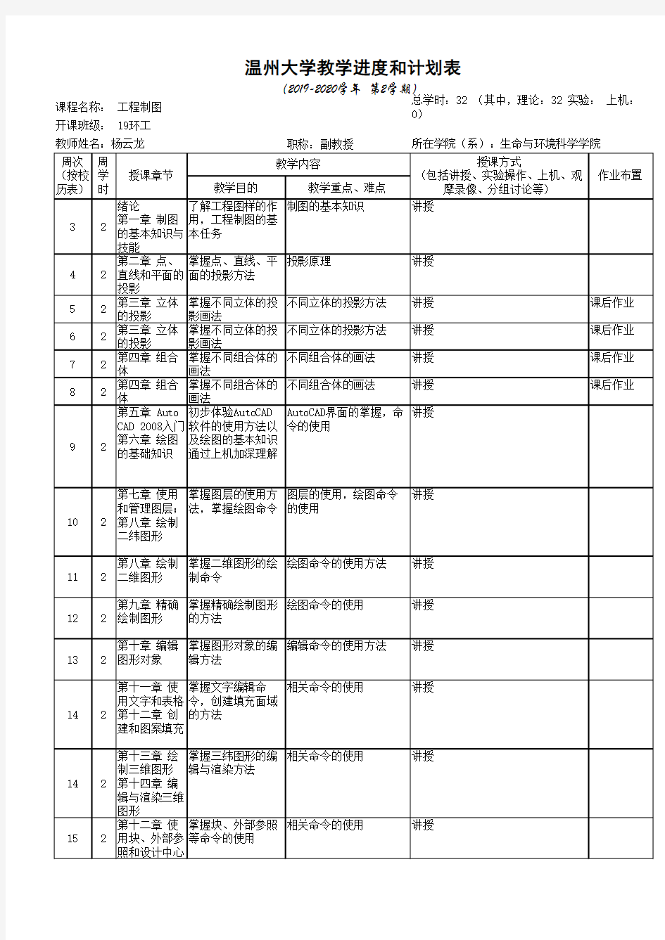 工程制图教学进度表