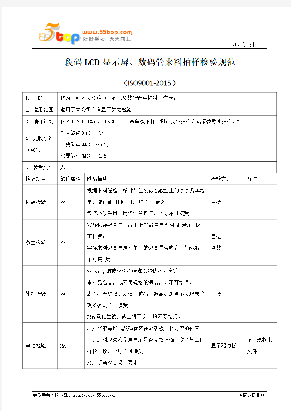 段码LCD显示屏数码管来料检验规范