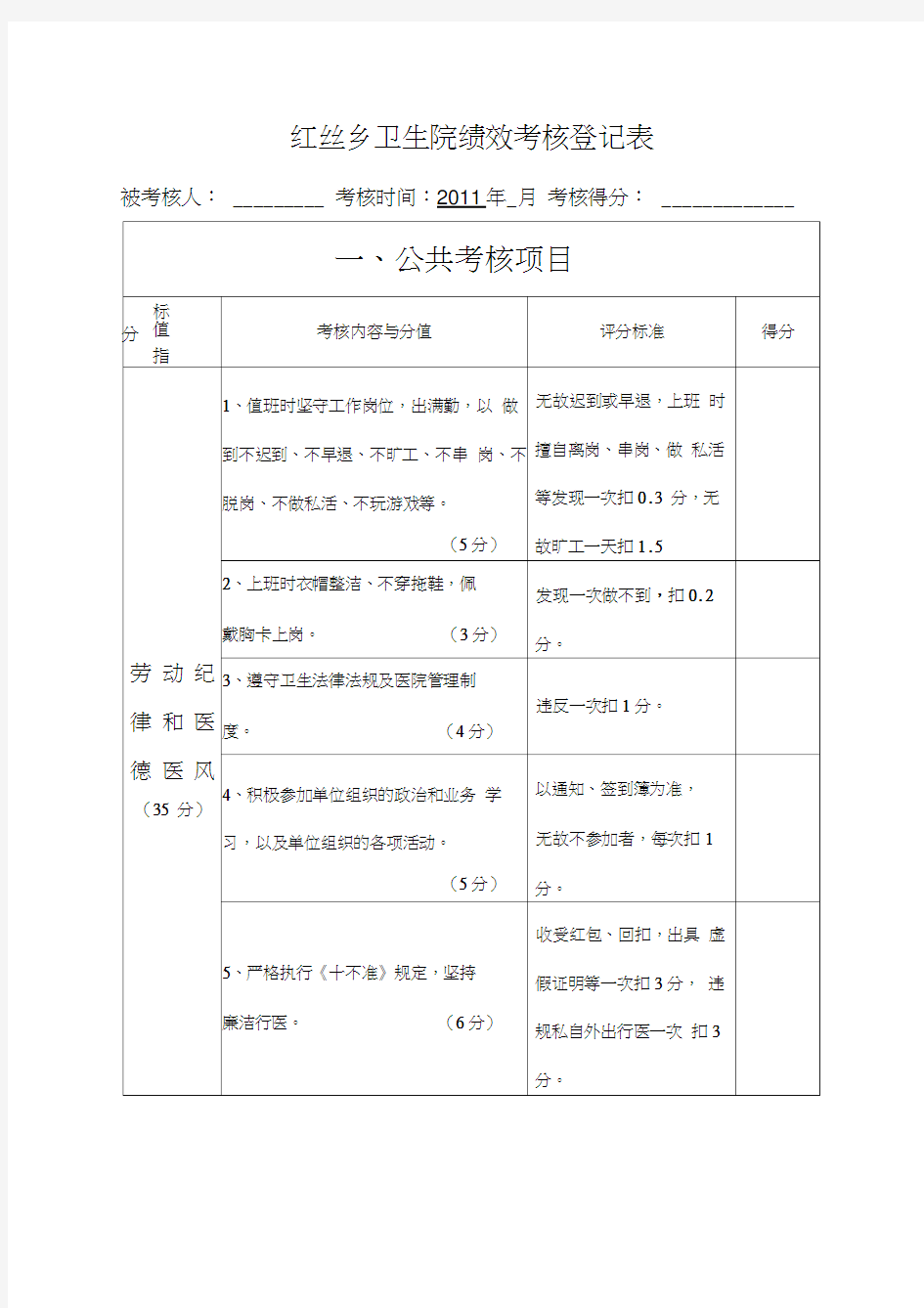 乡镇卫生院绩效考核表