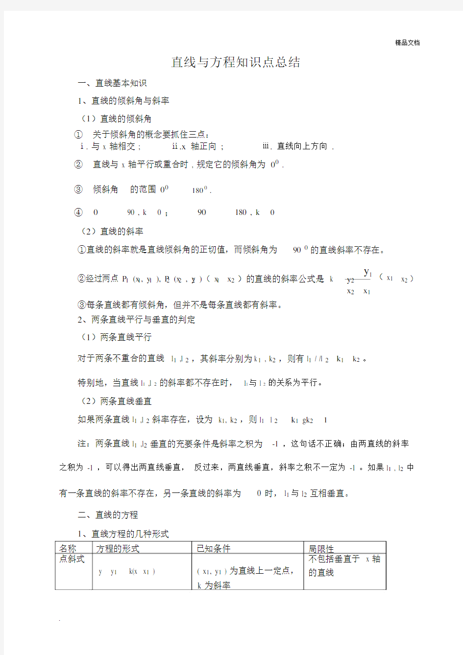 直线与方程学习知识点总结计划.docx