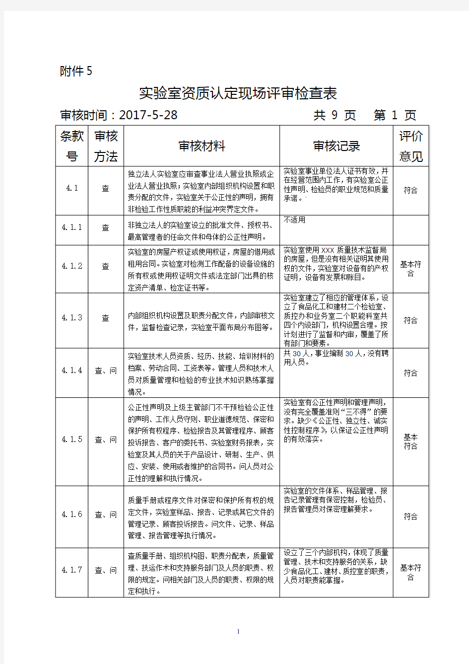 新版实验室资质认定现场评审检查表