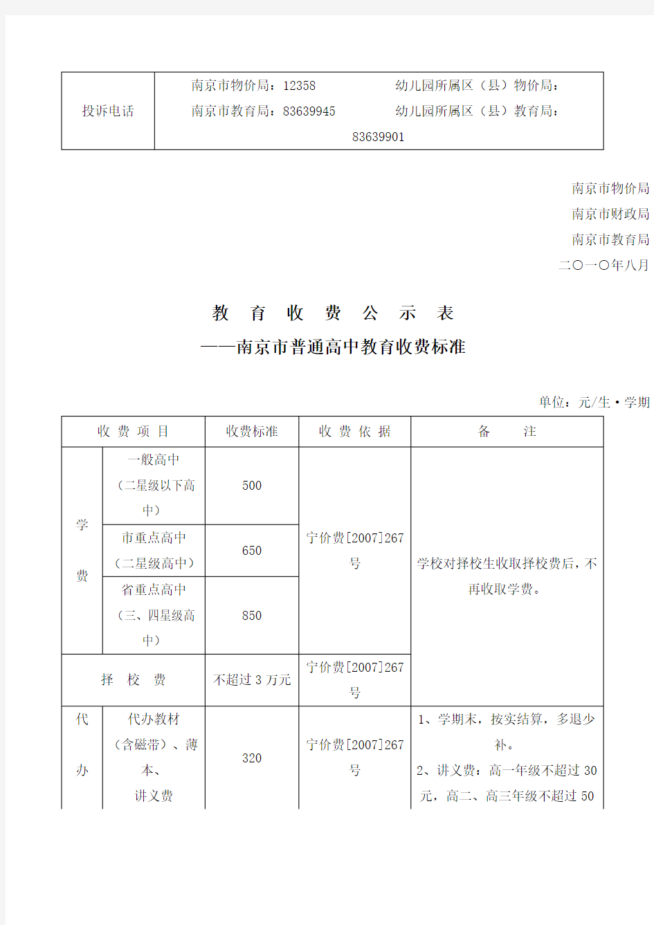 南京市幼儿园所教育收费公示标准表