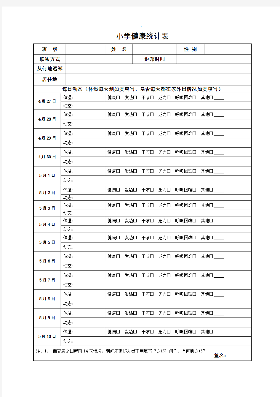 实验小学学生健康统计表