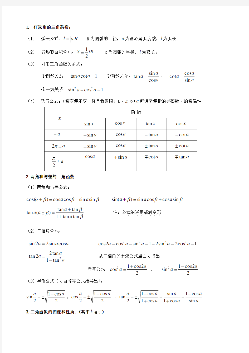 高中数学三角函数专题复习内附类型题以及历年高考真题