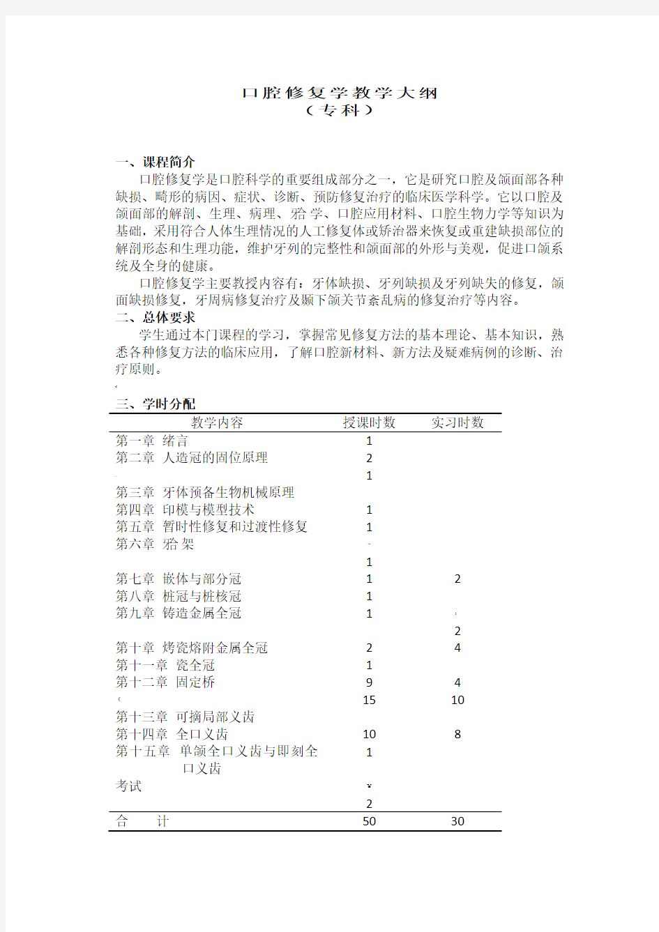 口腔修复学教学大纲