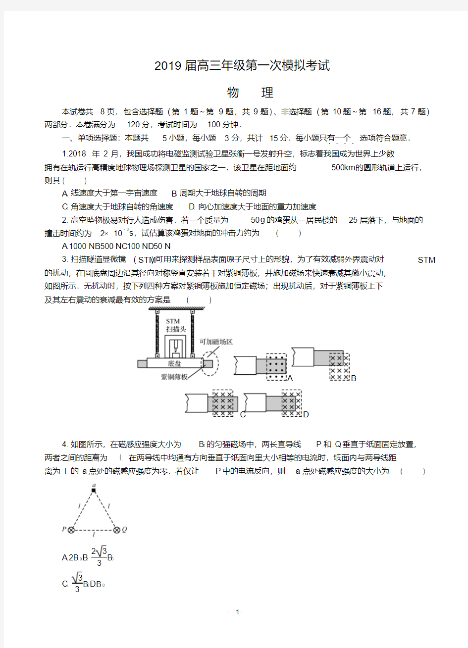 江苏省泰州市2019届高三第一次模拟考试物理(含答案)