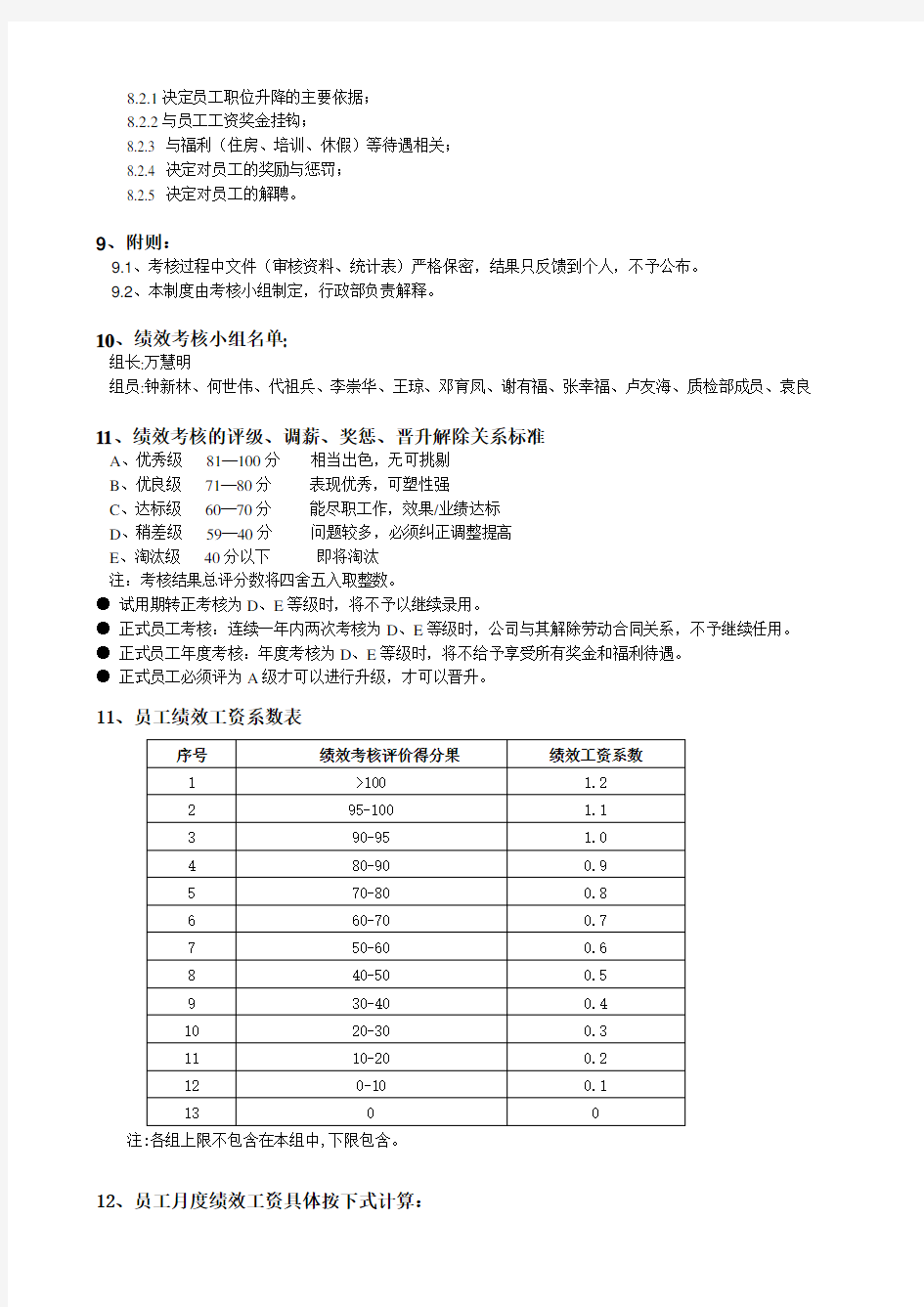 公司各部门绩效考核方案表格