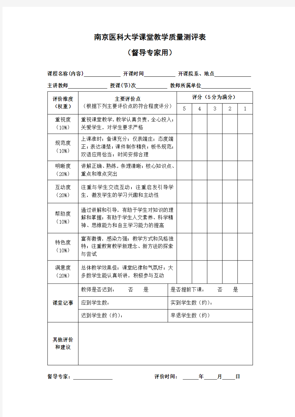 南京医科大学课堂教学质量测评表