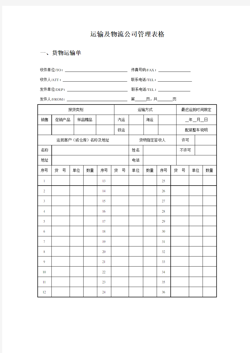 运输及物流公司管理表格