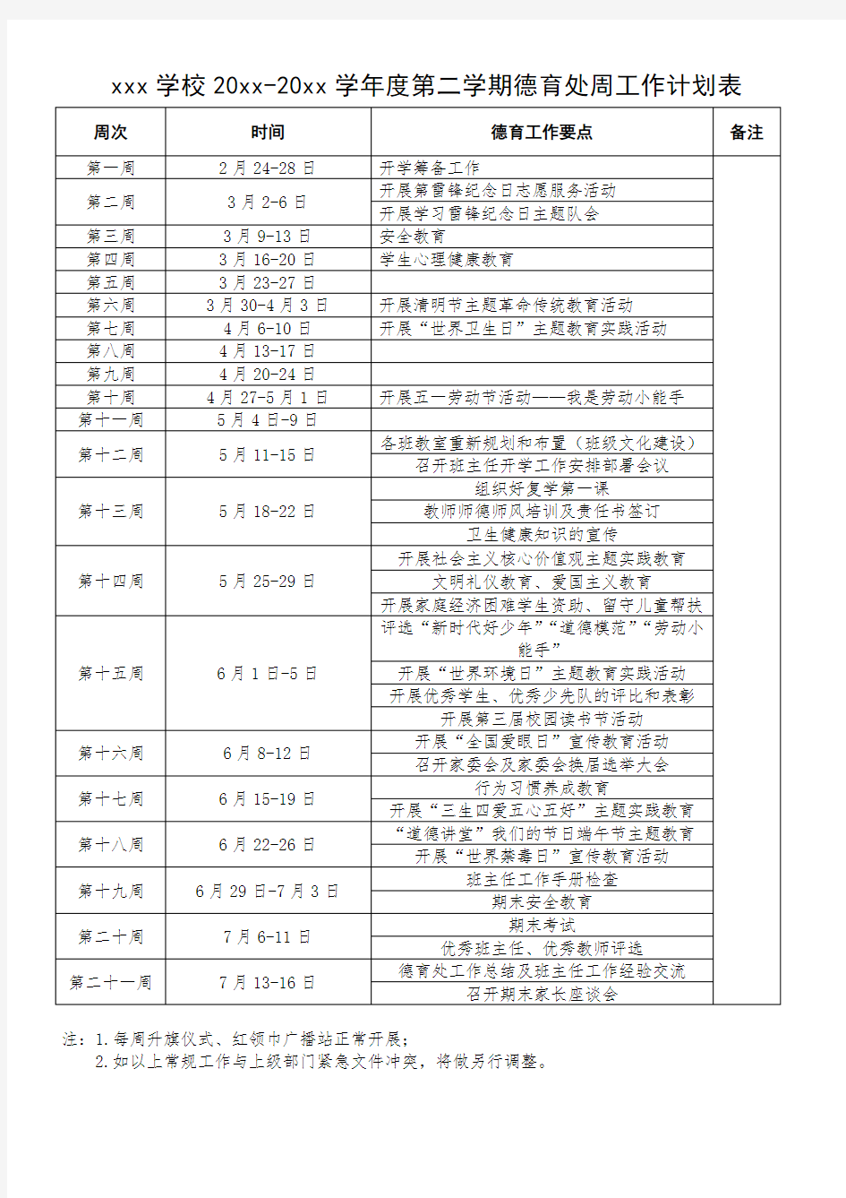 学校德育周工作计划表模板