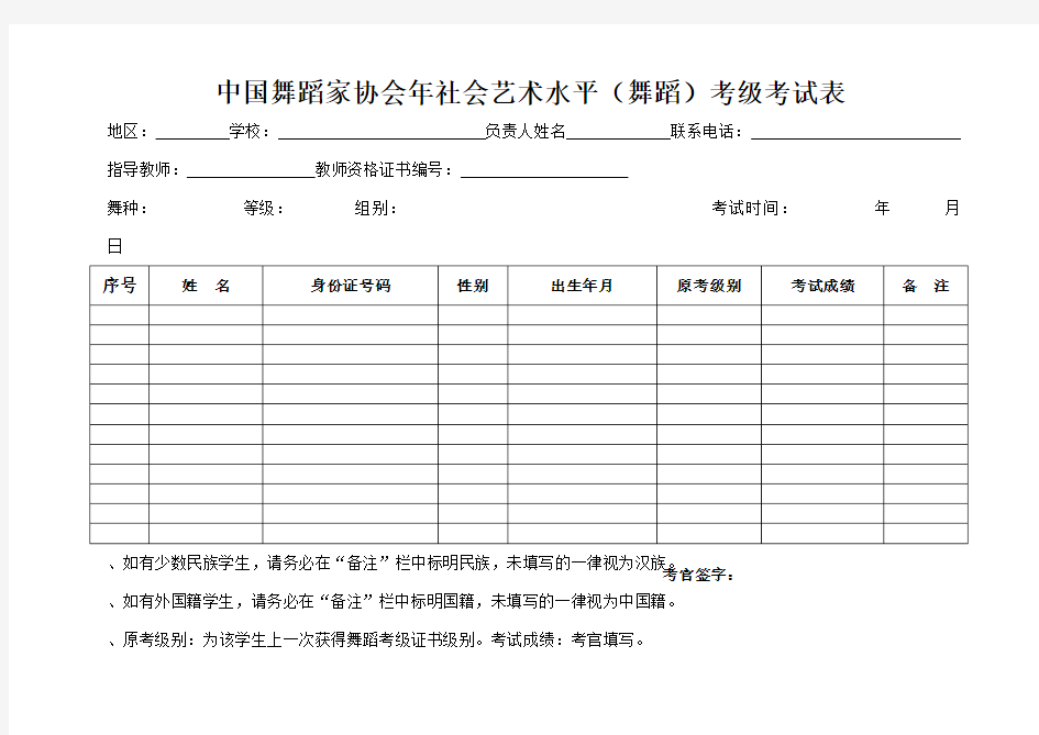 中国舞蹈家协会社会艺术水平考级考试表