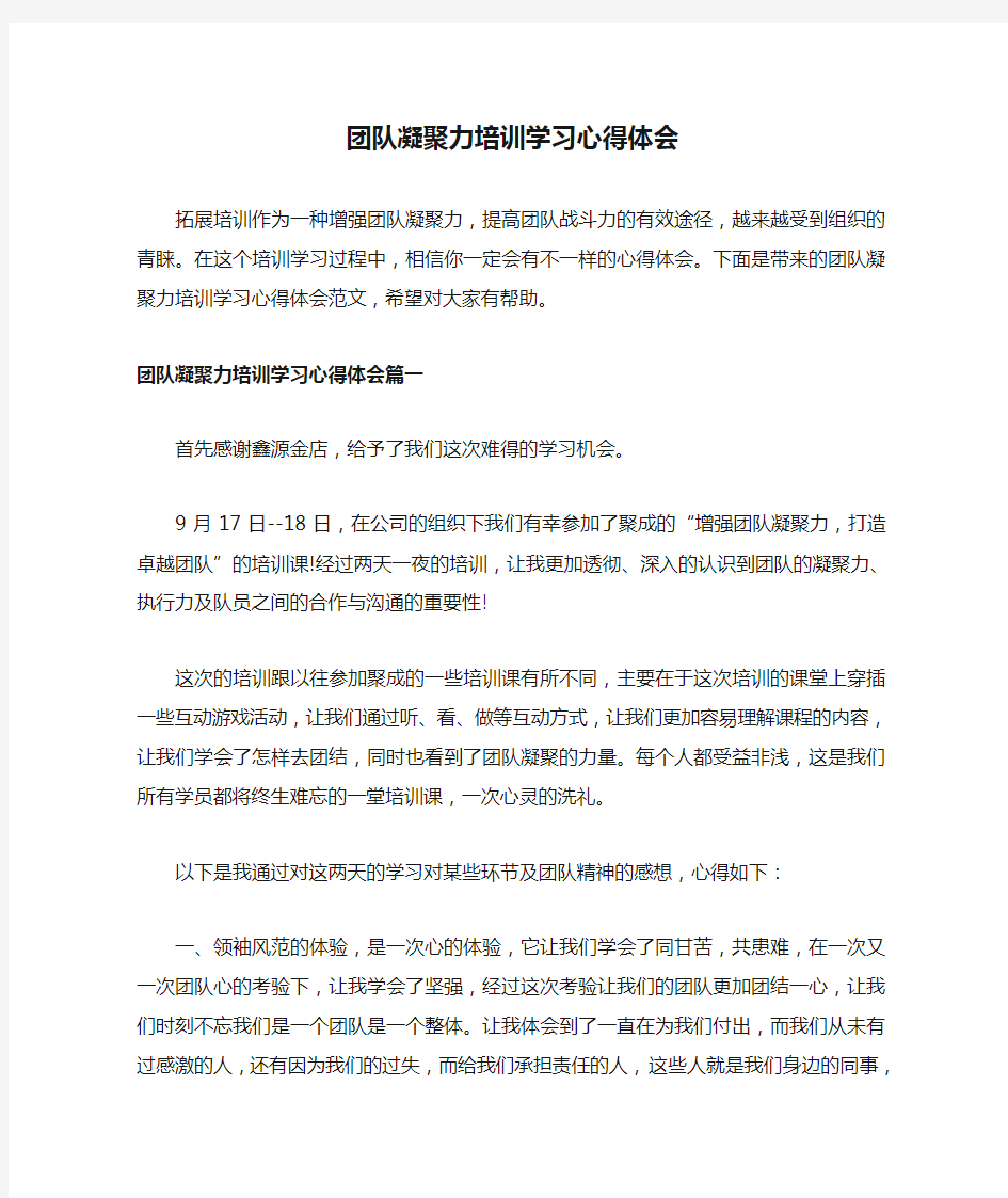 团队凝聚力培训学习心得体会