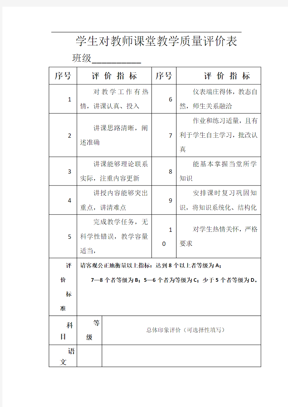 学生对教师课堂教学质量评价表