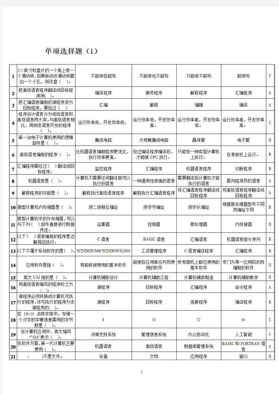 湖南省计算机二级等级考试计算机基础知识选择题库
