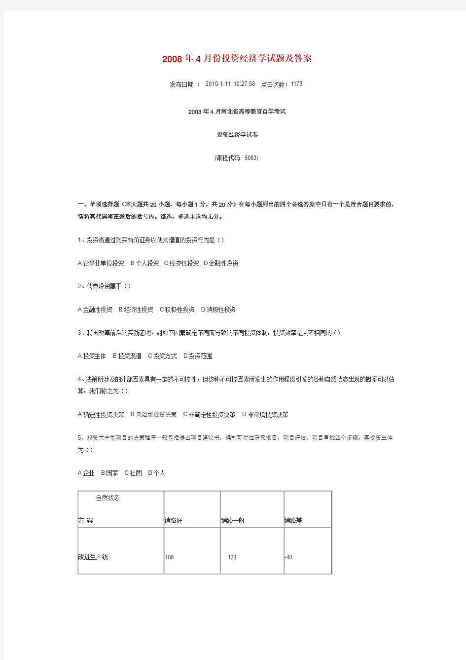 2008年4月份投资经济学试题及答案