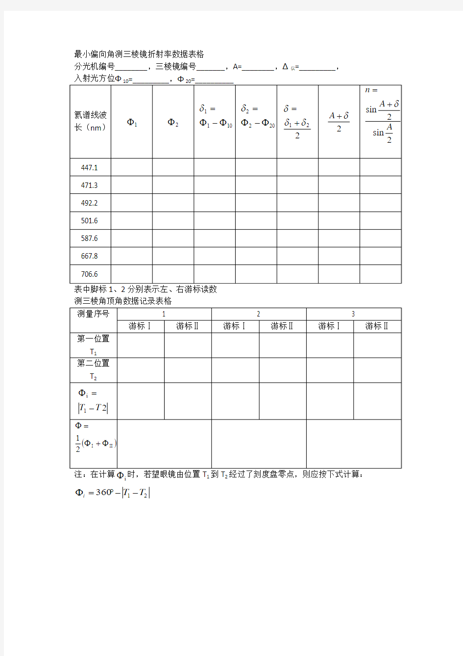 分光计实验原始数据记录表格