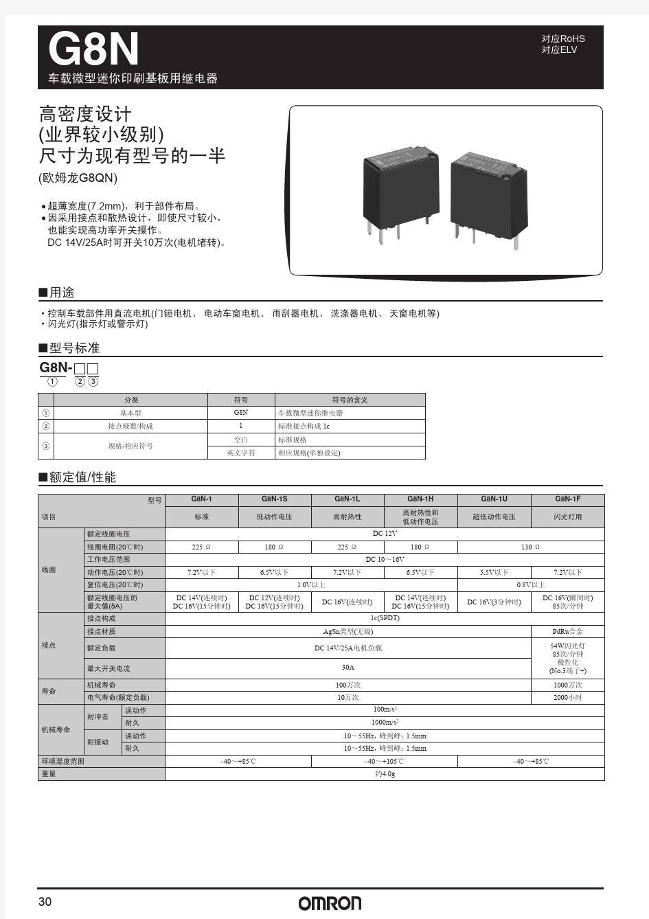 欧姆龙继电器G8N系列